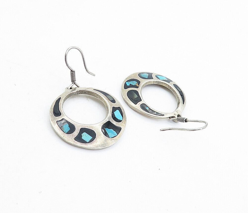 MEXICO 925 Sterling Silver Vintage Turquoise & Black Onyx Earrings EG2890