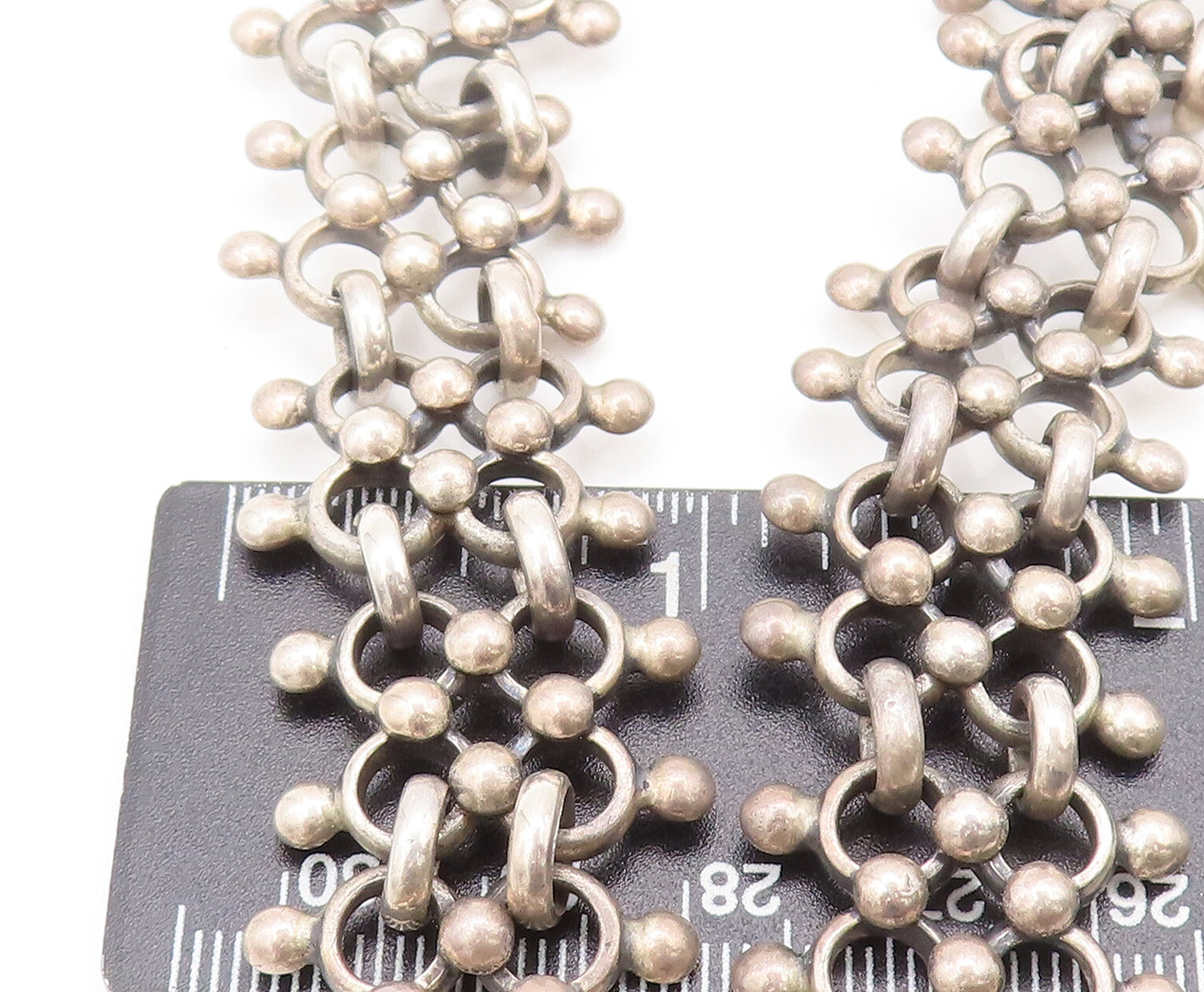 MEXICO 925 Silver  Vintage Beaded Ring Link Double Chain Necklace  NE4052