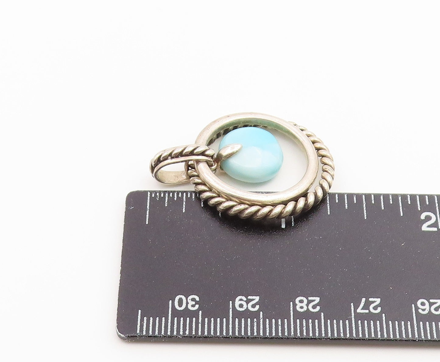 925 Sterling Silver Vintage Pendant Classic Larimar Twisted Rope Circle  PT26557