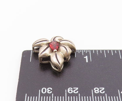 925 Sterling Silver  Vintage Garnet Floral Leaf Motif Pendant  PT16206