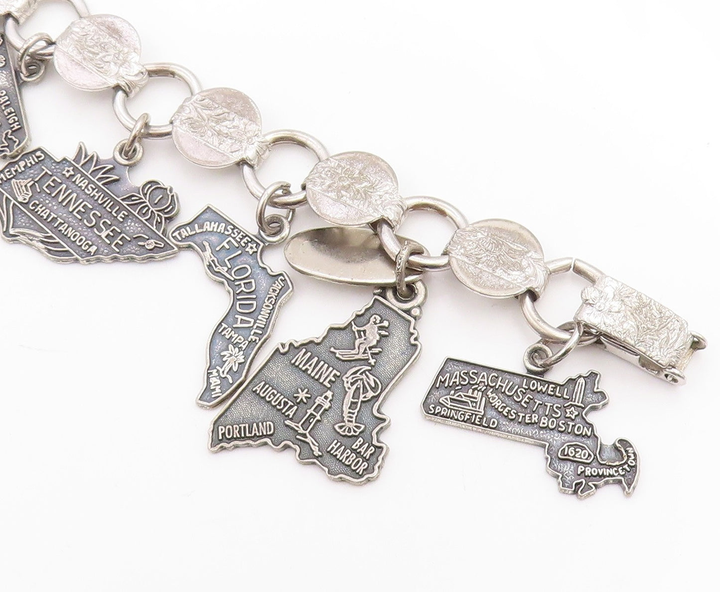 925 Sterling Silver Vintage Bracelet SARAH COVENTRY US State Map Charms  BT12048
