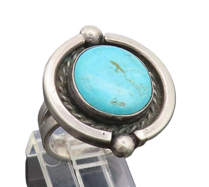 925 Silver Vintage Southwestern Turquoise Halo Rope Round Ring Sz 6.5 RG27036