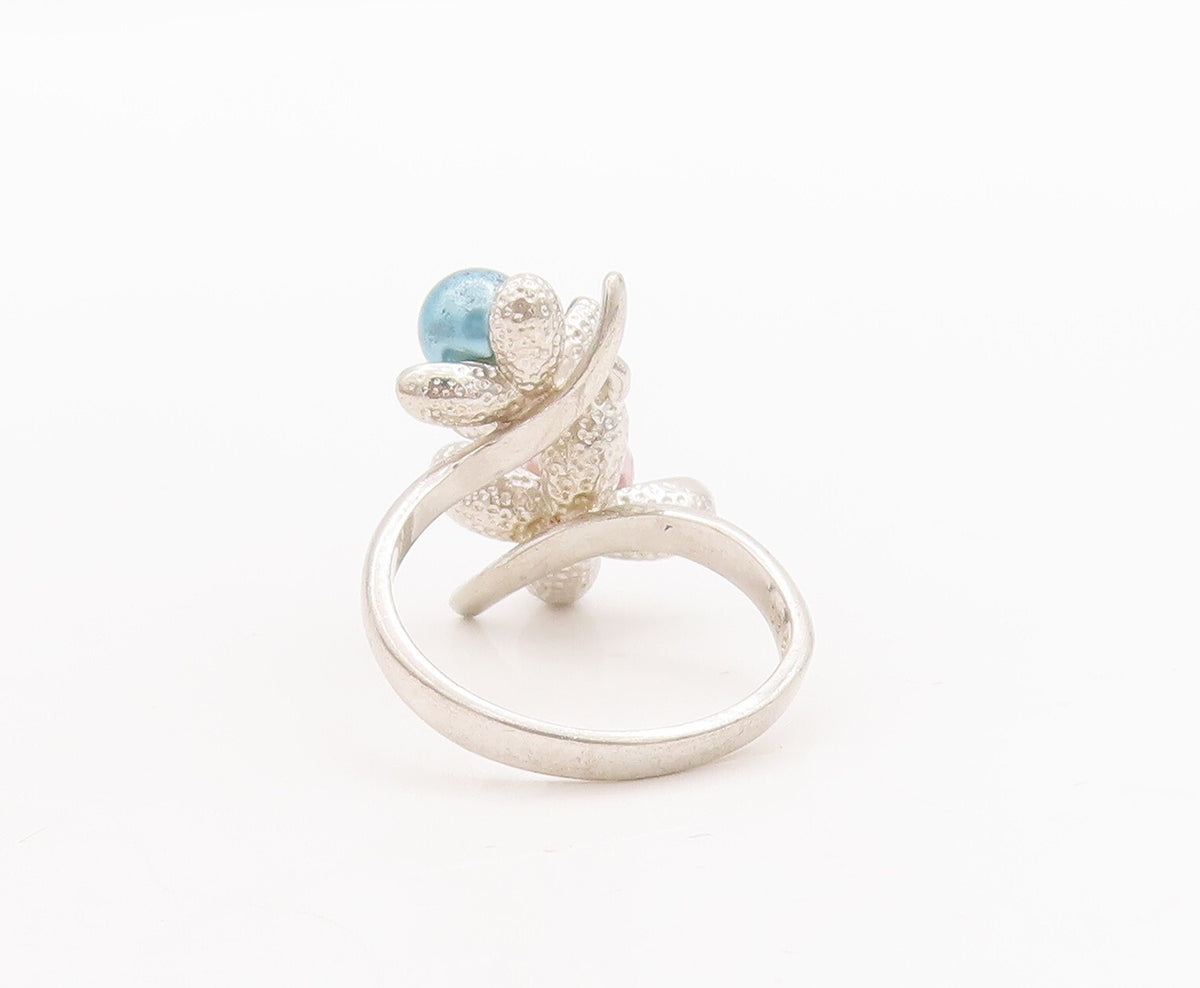 925 Sterling Silver Vintage Ring Blue & Pink Pearl Beaded Flowers  Sz 9  RG28981