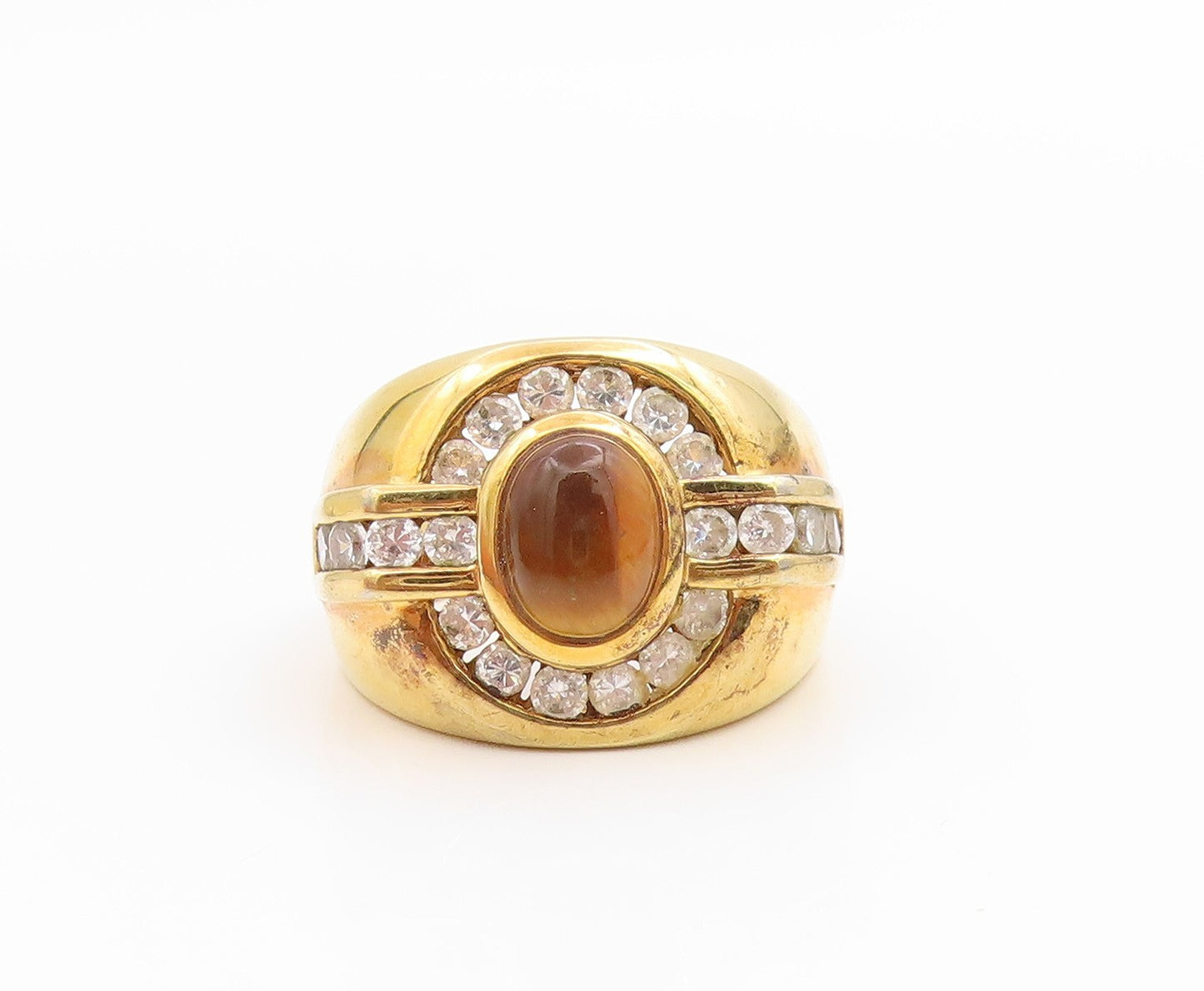 925 Sterling Silver Vintage Ring Gold Plated Tiger's Eye & CZ Band Sz 10 RG36127