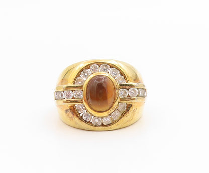 925 Sterling Silver Vintage Ring Gold Plated Tiger's Eye & CZ Band Sz 10 RG36127
