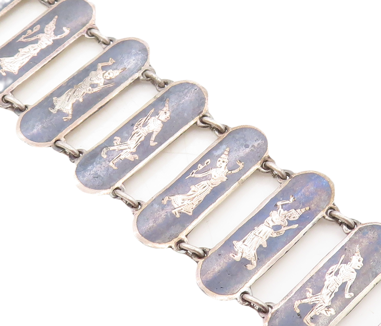 SIAM 925 Sterling Silver  Vintage Black Niello Dancer Chain Bracelet  BT2692