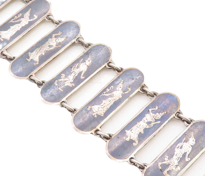 SIAM 925 Sterling Silver  Vintage Black Niello Dancer Chain Bracelet  BT2692