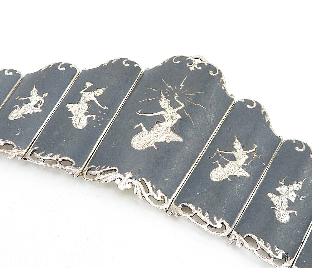 SIAM 925 Sterling Silver  Vintage Niello Dancer Panel Chain Bracelet  BT1963