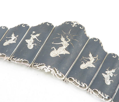 SIAM 925 Sterling Silver  Vintage Niello Dancer Panel Chain Bracelet  BT1963