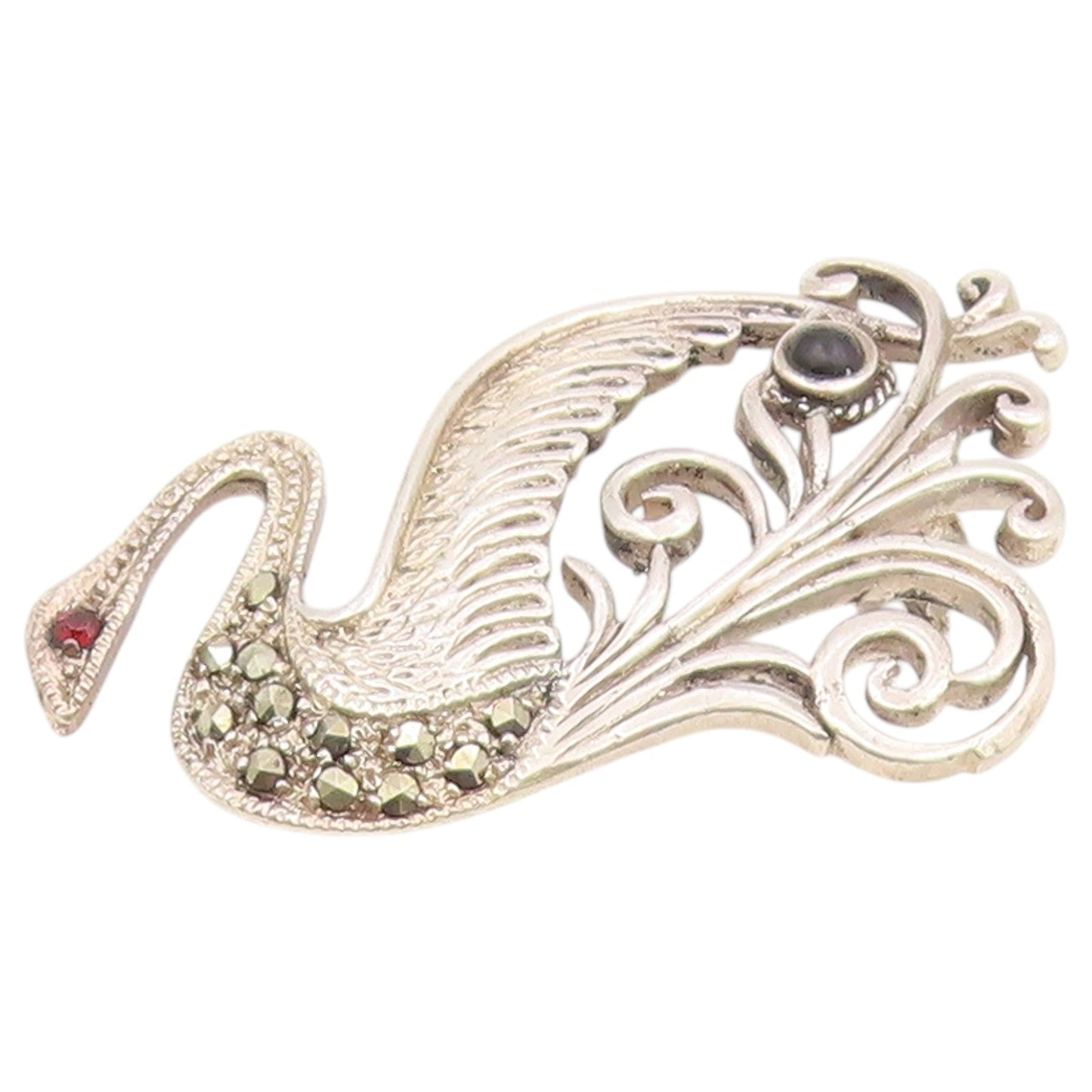 925 Sterling Silver Vintage Brooch Pin Multi Gemstone Scrollwork Swan  BP12635