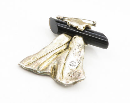 ISRAEL 925 Sterling Silver  Vintage Black Onyx Modernist Brooch Pin  BP5179