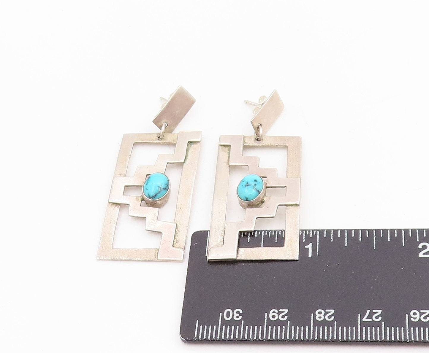 925 Sterling Silver Vintage Earrings Cabochon Turquoise Geometric Dangle EG13749
