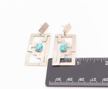 925 Sterling Silver Vintage Earrings Cabochon Turquoise Geometric Dangle EG13749