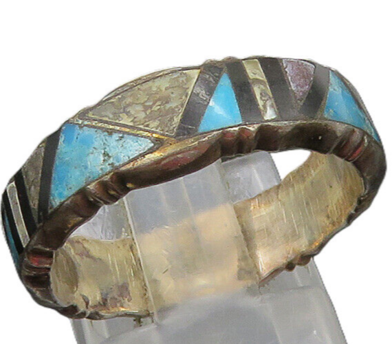 ZUNI NAVAJO 925 Silver  Vintage Turquoise & Mother Of Pearl Ring Sz 8  RG22896