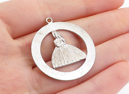 925 Sterling Silver  Vintage Woman In Floral Dress Open Circle Pendant  PT4236