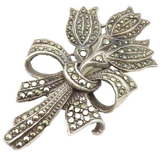 925 Sterling Silver  Vintage Shiny Marcasite Flower Bunch Brooch Pin  BP5885