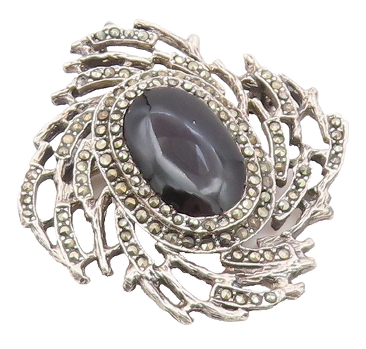 925 Sterling Silver  Vintage Cabochon Black Onyx & Marcasite Brooch Pin BP7887