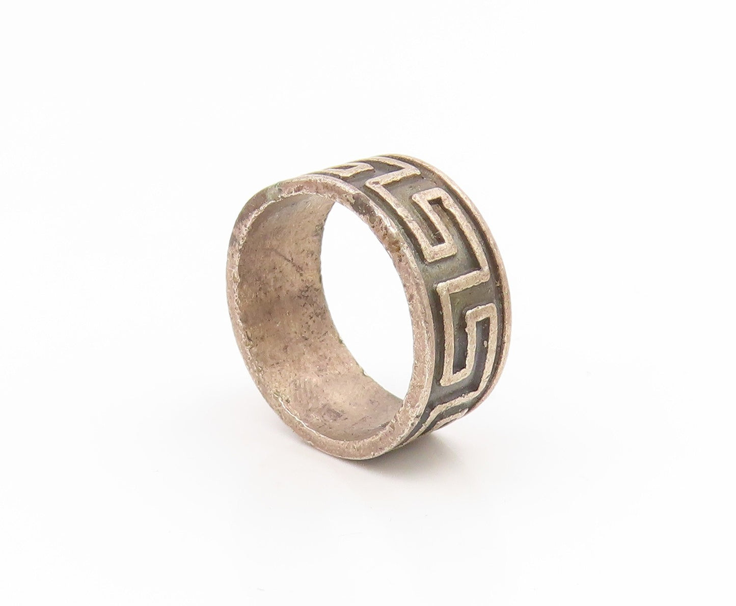 925 Sterling Silver Vintage Ring Carved Greek Key Pattern Band  Sz 6  RG35093