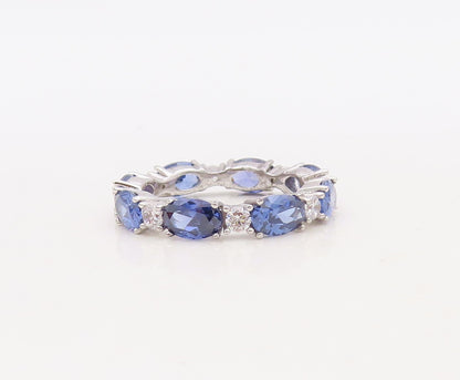 925 Sterling Silver Vintage Ring Oval Cut Sapphire & CZ 360 Band  Sz 7 RG30508