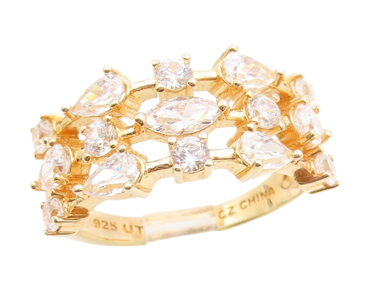 925 Sterling Silver Vintage Ring Gold Plated Multi Shape CZ  Band  Sz 8  RG34976