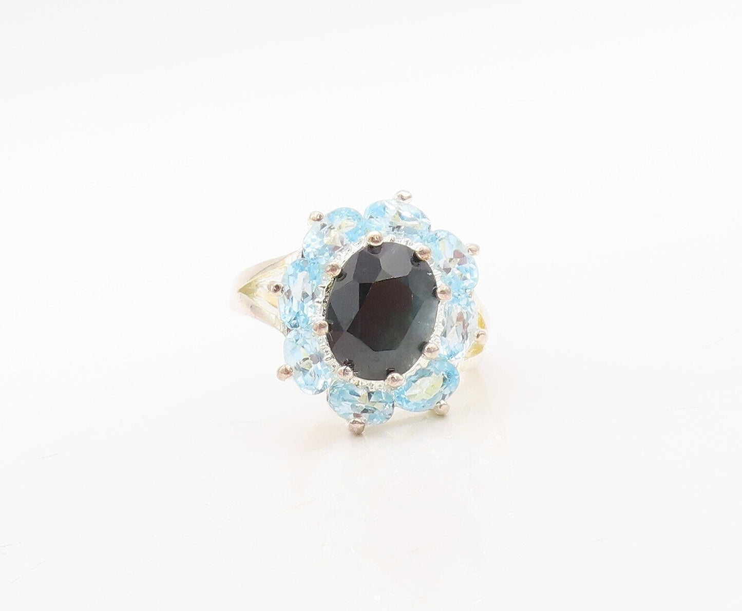 925 Sterling Silver Vintage Ring Oval Onyx Halo Blue Topaz Flower  Sz 7 RG31122