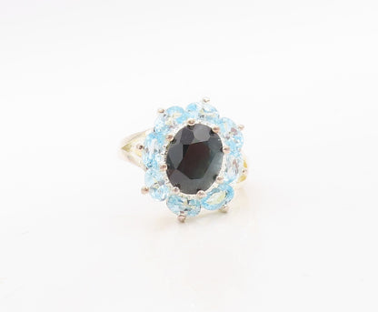 925 Sterling Silver Vintage Ring Oval Onyx Halo Blue Topaz Flower  Sz 7 RG31122