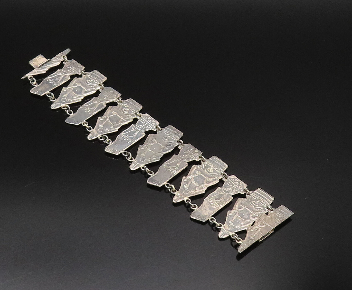 925 Sterling Silver  Vintage Antique Double Chain Aztec Tribal Bracelet BT9596