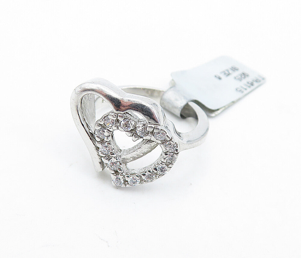 925 Sterling Silver  Topaz Open Double Love Heart Shiny Band Ring Sz 6  RG6382