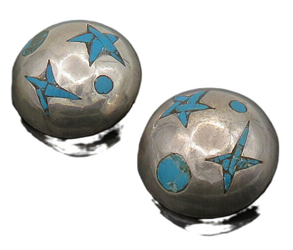 TAXCO 925 Sterling Silver Vintage Turquoise Non Pierce Dome Earrings EG11314