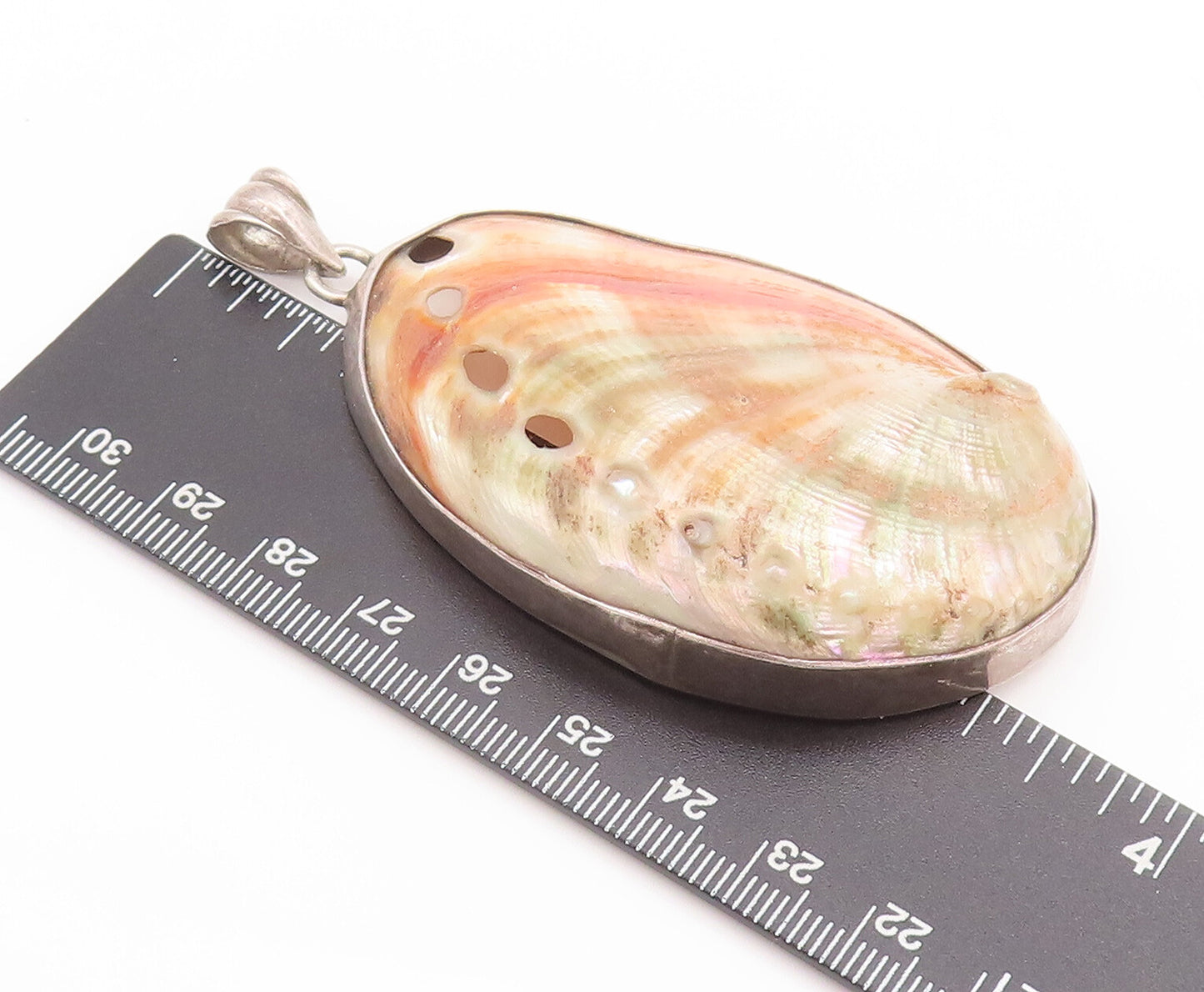 925 Sterling Silver Vintage Pendant Large Solid Orange Mother Of Pearls  PT22750