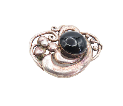BOMA 925 Silver  Vintage Cabochon Cut Black Onyx Floral Brooch Pin  BP3059
