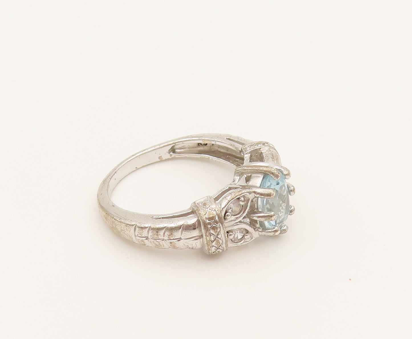 925 Silver  Vintage Fancy Blue & White Topaz Leaf Shank Ring Sz 6.75  RG26281