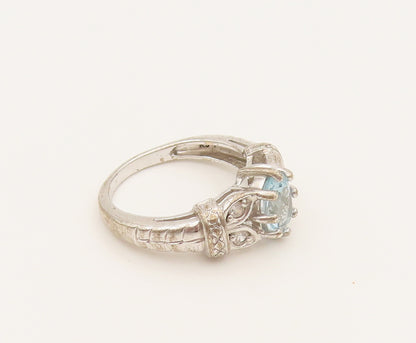 925 Silver  Vintage Fancy Blue & White Topaz Leaf Shank Ring Sz 6.75  RG26281