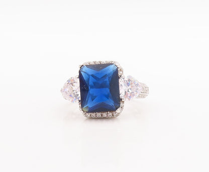925 Sterling Silver Vintage Ring Rectangle Sapphire Halo CZ Framed  Sz 7 RG29369