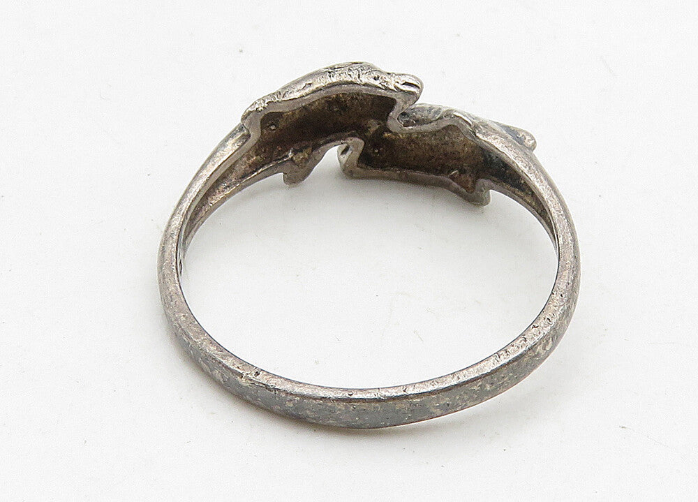 925 Sterling Silver  Vintage Dark Tone Dolphin Motif Bypass Ring Sz 6  RG10514