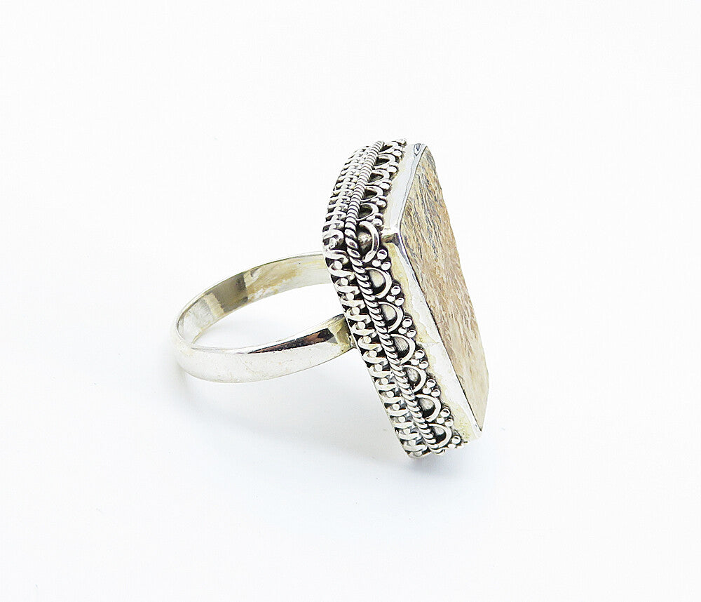 925 Sterling Silver  Floral Leaf Etched Jasper Cocktail Ring Sz 8.5  RG8199
