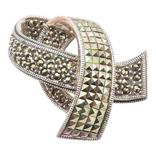 JUDITH JACK 925 Silver  Vintage Sparkling Marcasite Ribbon Brooch Pin  BP8918