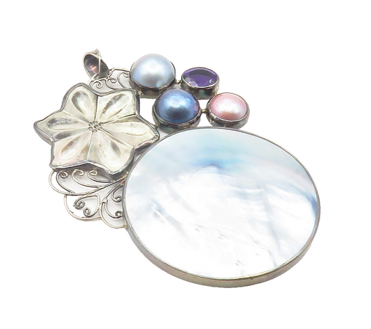 925 Sterling Silver  Vintage Mother Of Pearl & Pearls Floral Pendant  PT9476