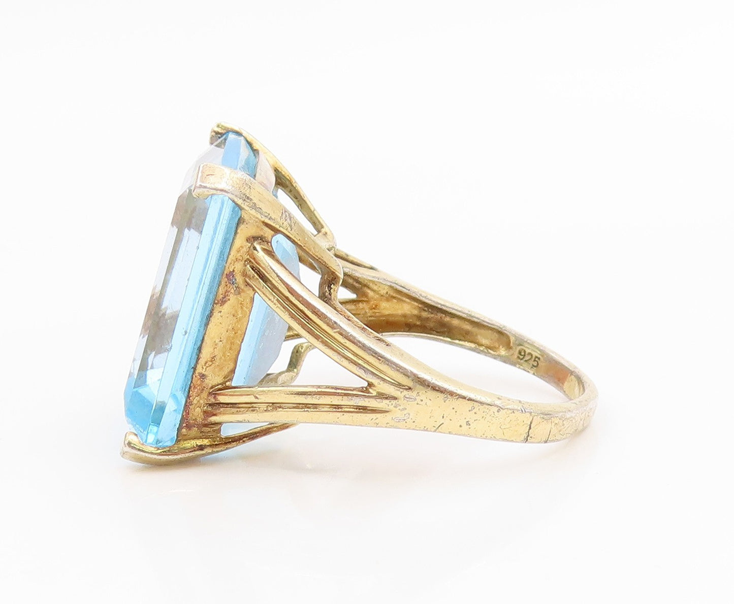 925 Sterling Silver Vintage Ring Gold Plated large Aquamarine Band Sz 9 RG35697
