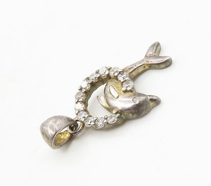 925 Sterling Silver  Vintage Cubic Zirconia Leaping Dolphin Pendant  PT13277