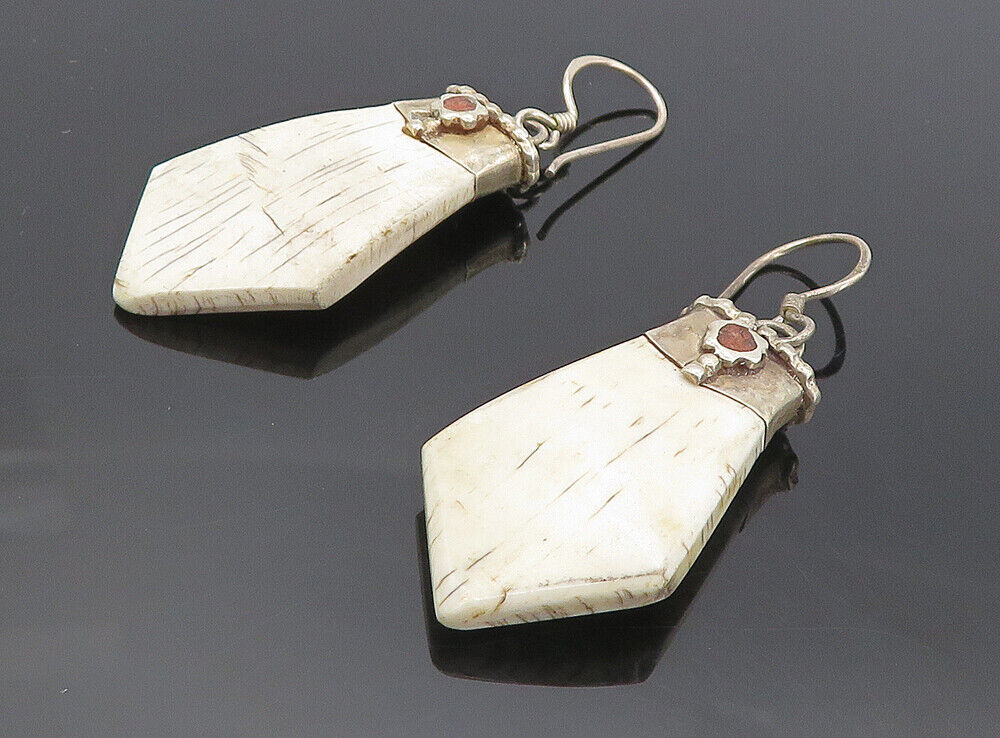 925 Sterling Silver  Vintage Coffin Shape Jasper Rustic Dangle Earrings EG3914