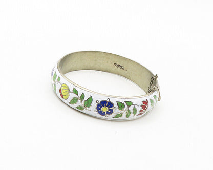 SIAM 925 Sterling Silver  Vintage Enamel Floral Detail Bangle Bracelet  BT6885