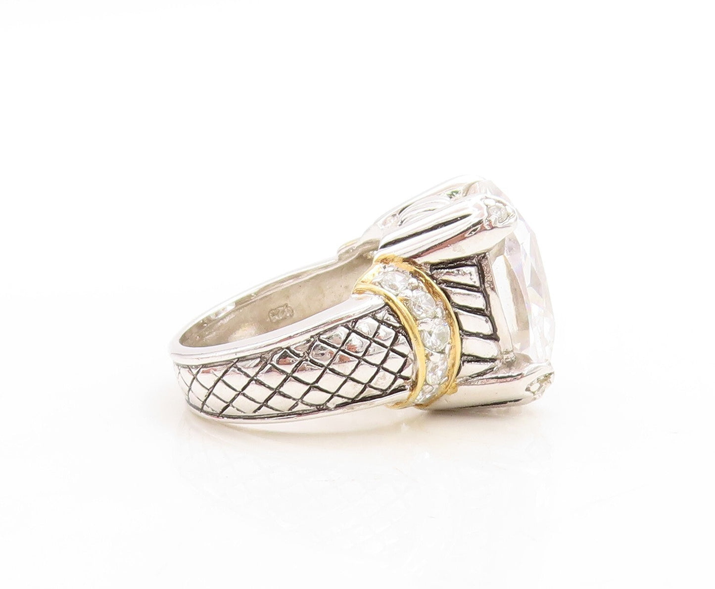 925 Sterling Silver Vintage Ring Solid Grooved Square CZ Inlay  Sz 6  RG31175