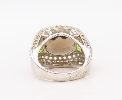 925 Sterling Silver Vintage Ring Designer Smoky Quartz CZ & Peridot Sz 7 RG30801