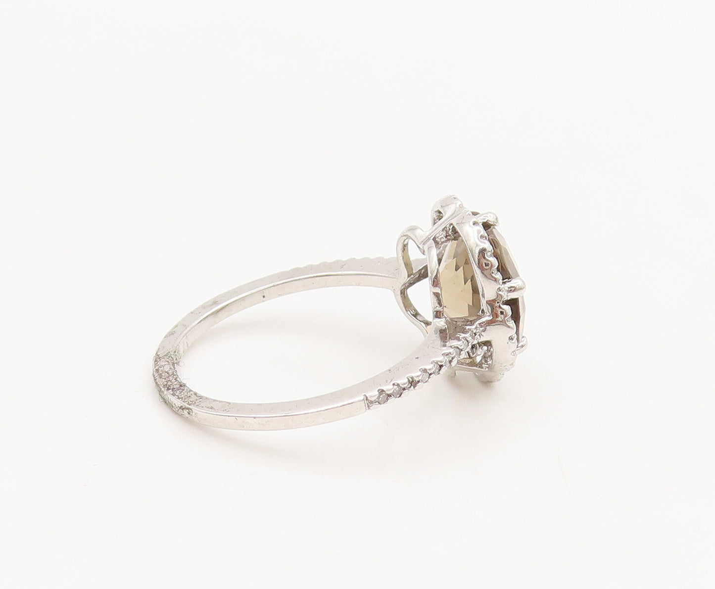 925 Silver  Vintage Flower Cut Smokey Quarts Halo CZ Band Ring Sz 7  RG26815