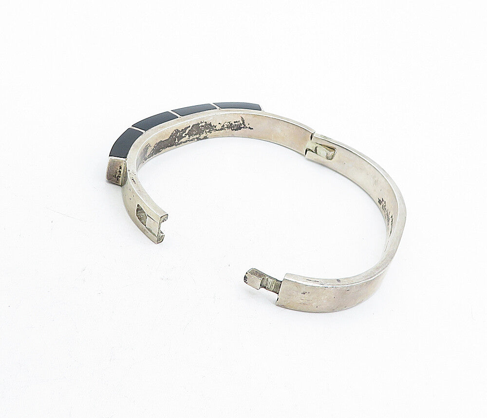 MEXICO 925 Sterling Silver Vintage Black Onyx Hinge Bangle Bracelet BT1939