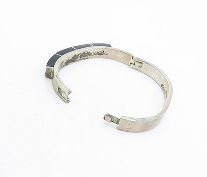 MEXICO 925 Sterling Silver Vintage Black Onyx Hinge Bangle Bracelet BT1939