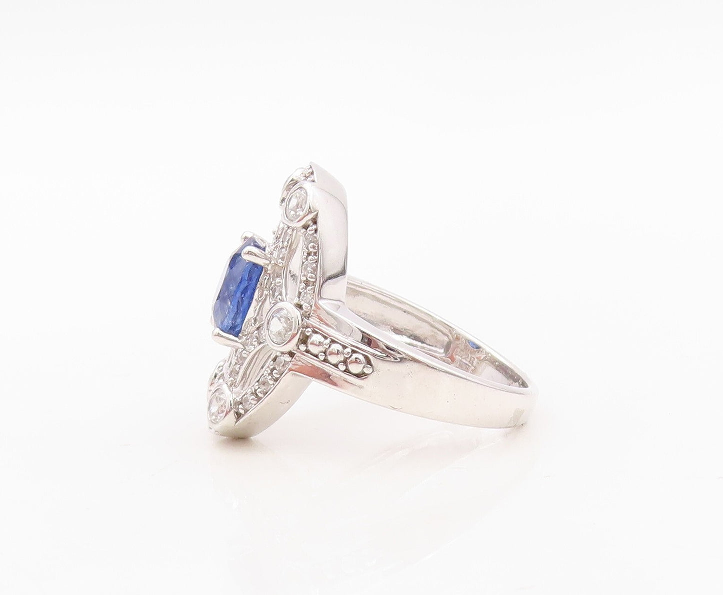 925 Sterling Silver Vintage Ring Oval Sapphire Web Cutout CZ Inlay Sz 7  RG30141