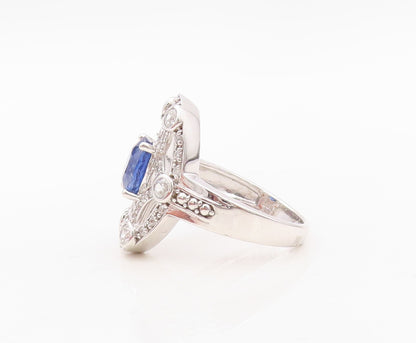925 Sterling Silver Vintage Ring Oval Sapphire Web Cutout CZ Inlay Sz 7  RG30141
