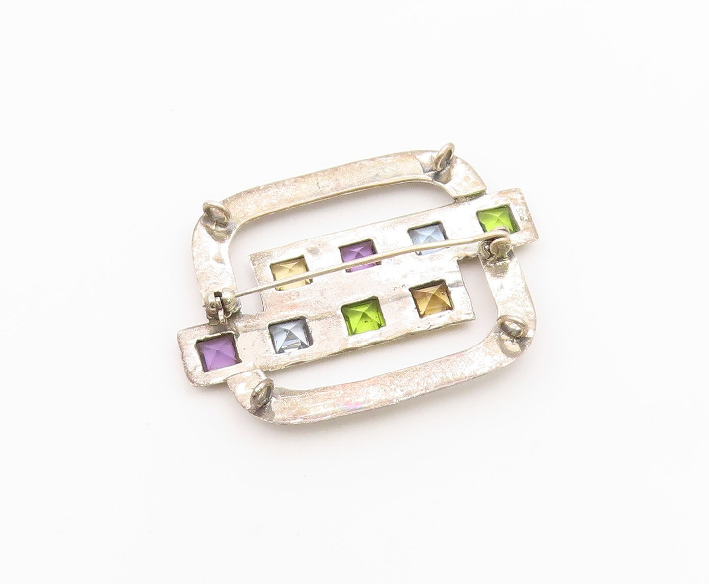 925 Sterling Silver Vintage Brooch Classic Multi Gemstone Geometric Pin  BP12592